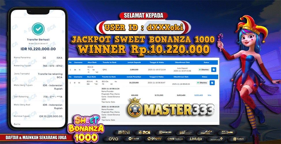 MASTER333 JACKPOT SLOT SWEET BONANZA 1000  Rp.10,220,000.,- LUNAS